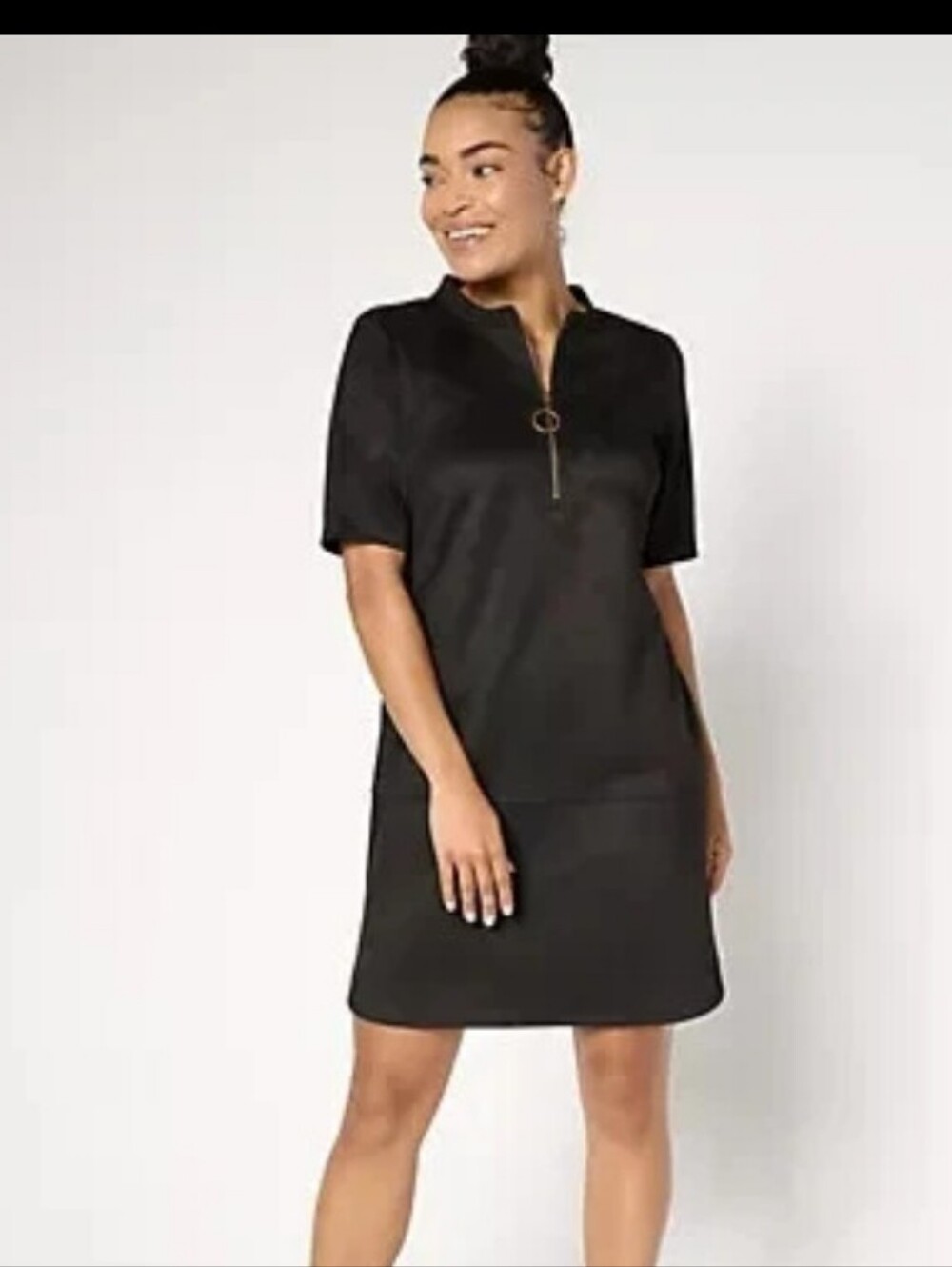 Belle by Kim Gravel Dress 1X Black Faux Suede Zip Front Short Sleeve Minimalist
